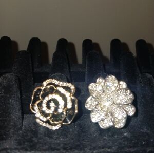2 Rhinestone Flower Cocktail Rings, SOHI Black Enamel + Unknown Silver-tone